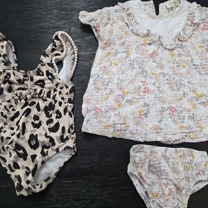 Jessica Simpson Beige Leopard Swimsuit and Floral Top Set - 12 Months